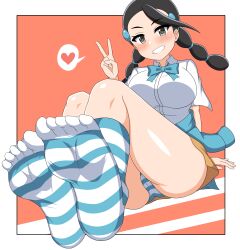 black_hair blush candice_(pokemon) creatures_(company) feet foot_fetish foot_focus game_freak gym_leader nintendo panties pokemon pokemon_dppt socks soles striped_legwear striped_panties striped_socks tankuro_uri twintails