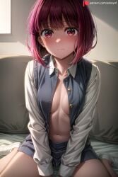 ai_generated arima_kana bangs blue_skirt blush breasts cleavage closed_mouth collarbone collared_shirt edosynf female highres indoors long_sleeves looking_at_viewer medium_breasts medium_hair miniskirt navel no_bra on_bed open_clothes open_shirt oshi_no_ko pink_eyes pink_hair self_upload shirt short_hair shounen_jump+ sitting skirt socks solo vest wariza white_shirt white_socks