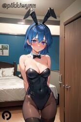 ai_generated animal_ears arms_behind_back bangs bare_shoulders bed black_bow black_bowtie black_leotard blue_hair blush bow bowtie breasts cleavage closed_mouth collarbone covered_navel cowboy_shot detached_collar fake_animal_ears female hairband highleg highleg_leotard indoors kamiya_(kawaii_dake_ja_nai_shikimori-san) kawaii_dake_ja_nai_shikimori-san large_breasts leotard looking_at_viewer pantyhose pikkiwynn playboy_bunny purple_eyes rabbit_ears short_hair solo strapless strapless_leotard thighhighs