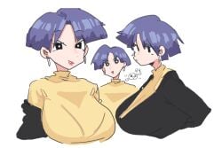 1girls big_breasts blue_hair bra_visible_through_clothes breasts crayon_shin-chan dark_blue_hair earrings female human large_breasts leebongchun lipstick lulu_lu_lululu overcoat pale_skin pink_lips pink_lipstick short_hair solo sweater turtleneck turtleneck_sweater yellow_sweater yellow_topwear