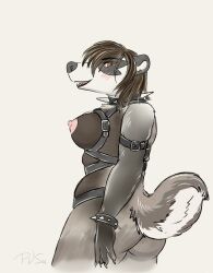 anthro badger belt blush blush_lines bondage bondage bound breasts collar female hi_res looking_at_viewer mammal mustelid musteline p.v.su pvsu raised_tail simple_background solo spiked_collar spikes tail