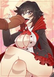 1boy 1girls boob_window cleavage fellatio female gensox horsecock human licking_penis male nipple_bulge panties penis revealing_clothes ruby_rose rwby school_uniform tagme unseen_male_face