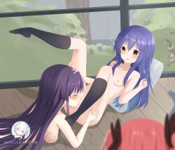 2girls ass blue_hair breasts brown_eyes date_a_live female_only itsuka_kotori itsuka_shiori leggings licking_pussy light-skinned_female multiple_girls naked_female purple_hair yatogami_tohka yuri