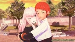 2girls 3d bangs breasts cuddling female female_only fingerless_gloves fire_emblem fire_emblem:_three_houses garreg_mach_monastery_uniform gloves grey_eyes hug jollyoldsoldier leonie_pinelli long_hair long_sleeves lysithea_von_ordelia medium_breasts multiple_girls nintendo one_eye_closed open_mouth orange_hair outdoors pink_eyes pink_hair short_hair small_breasts smile sunset very_short_hair white_hair yuri