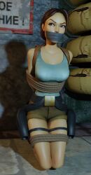 1girls 3d 3dcg blender bondage brown_hair damsel_in_distress female female_focus female_only gag gagged gun_holster holster lara_croft lara_croft_(classic) rope shorts tank_top tape_gag taped_mouth theblendertaper tomb_raider tomb_raider_remastered