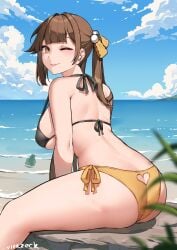 1girls ass ass beach bikini brown_hair female female_only honkai:_star_rail one_female only_female solo solo_female sushang_(honkai:_star_rail) vierzeck wink