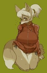 anthro big_breasts blush breasts canine female fox grey_hair hair jumpsuit ricosye solo yellow_eyes