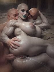 1girl2boys 1girls 2boys ai_generated anal anal_penetration anal_sex ass bald balls breasts ejaculation ejaculation_in_ass eyeshadow female female_ejaculation grey-skinned_female grey_eyes hetero hetero_sex heterosexual huge_breasts lactation light-skinned_male lipstick looking_at_viewer male male_on_female monster_girl muscular muscular_female muscular_male oc oiled oiled_body oiled_skin original_character penis pierced_ears piercing pussy ruins sex_from_behind squirting straight straight_sex teal_lipstick testicles threesome threeway vagina