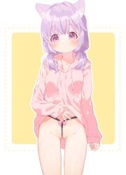 animal_ear_fluff animal_ears ass_visible_through_thighs blush bow cat_ears clothes_lift cowboy_shot drawstring female highres hood hoodie hoodie_lift lifted_by_self long_hoodie looking_at_viewer low_twintails medium_hair mutou_mato original parted_lips pink_bow pink_hoodie purple_eyes purple_hair pussy sleeves_past_wrists solo twintails two-tone_background wedgie young