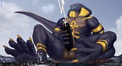 anthro balls big_penis black_penis bodily_fluids city cobra cum destruction erection genital_fluids genitals hi_res landscape_dwarfing macro male masturbation muscular muscular_anthro muscular_male nude penile penile_masturbation penis reptile scalie snake solo solutionwcs zel_(sibunakebos)