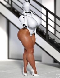 3d artist_logo dark_skin haydee haydee_(game) heels high_heels highres large_breasts posing robot rude_frog stairs tanned_skin thick_thighs white_background white_heels white_room wide_hips