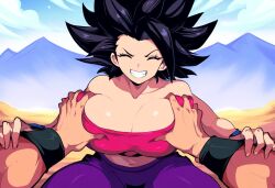 1boy ai_generated alien black_eyes black_hair breast_grab cameltoe caulifla dragon_ball dragon_ball_super female grin groping groping_breasts large_breasts looking_at_viewer mullon novelai pov pov_hands saiyan son_goku universe_6/universe_7 universe_6_girls