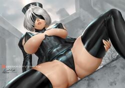 alternate_costume alternate_outfit android android_girl ariverkao big_breasts black_blindfold black_uniform blindfold breasts light-skinned_female nier nier:_automata nurse nurse_cap robot robot_girl spread_legs thick_thighs thighs white_hair yorha_2b