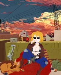 1girls big_breasts blonde_hair bra canine clothing dogmeat fallout goes_hard gun jacket looking_at_viewer open_clothes short_hair sitting smoking vault_dweller vault_girl vault_suit