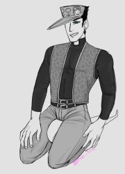 1boy ambiguous_gender anon diamond_is_unbreakable dilf epochsmog fully_clothed head_between_thighs jojo's_bizarre_adventure jotaro_kujo male male/ambiguous male_thighs suffocation thighs