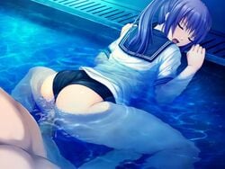 ass bent_over buruma buruma_aside censored closed_eyes coffee-kizoku cum cum_inside doggy_style from_behind game_cg looking_back marble_bloomers open_mouth penis ponytail pool purple_hair sailor_uniform school_uniform schoolgirl sex spread_legs tied_hair underwater_sex vaginal_penetration water wet wet_clothes