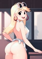 1girls ai_generated apron ass ass_focus blonde_hair breasts earrings female female_only from_behind leni_loud looking_at_viewer losforry_custom naked_apron nickelodeon sideboob solo solo_female sunglasses sunglasses_on_head the_loud_house