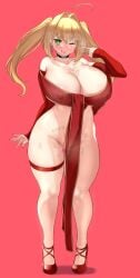 1girls areolae aster_crowley big_breasts big_thighs blonde_hair blush body_writing breasts busty cleavage cum cum_drip cum_in_pussy cum_on_face cum_on_hair cum_string curvy fate/grand_order fate_(series) female full_body green_eyes heart-shaped_pupils high_heels huge_breasts huge_thighs large_breasts large_thighs nero_claudius_(fate) nipple_piercing nipples one_eye_closed pussy see-through see-through_clothing solo standing thick_thighs thighs twintails voluptuous