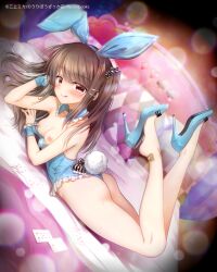 animal_ears ass bare_shoulders blush breasts brown_hair closed_mouth collarbone detached_collar fake_animal_ears fake_tail female full_body high_heels long_hair looking_at_viewer medium_breasts mikami_mika nipples open_mouth playboy_bunny purple_eyes rabbit_ears rabbit_tail smile solo tail twintails