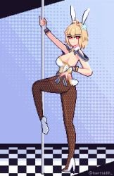 ahoge animal_ears animated arcueid_brunestud arcueid_brunestud_(mooncancer) ass blue_ribbon breasts fake_animal_ears fake_tail fate/grand_order fate_(series) female fishnet_pantyhose fishnets flower gold_trim hair_flower hair_ornament hand_on_own_hip high_heels highres huge_ass huge_breasts large_breasts looking_at_viewer looking_back pantyhose pixel_art playboy_bunny pole rabbit_ears rabbit_tail raptorbr raptorbr_(artist) red_eyes ribbon sideboob smile stripper_pole tail tsukihime tsukihime_(remake) video