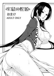 1girls black_hair boa_hancock bottomless breasts earrings female female_only jewelry large_breasts long_hair momoi_komomo monochrome nipples one_piece pussy_juice solo straight_hair sweat