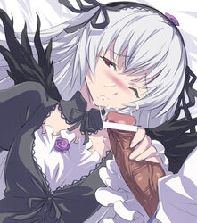 akira02 blush censored cum cum_string dark-skinned_male dark_skin dress facial female hairband handjob long_hair penis purple_eyes rozen_maiden silver_hair suigintou tears wince wings wink