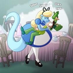 1boy 1girls 2d 2d_(artwork) 2d_artwork alice_(jamearts) alice_in_wonderland blonde_hair blonde_hair_female blue_body blue_dress blue_skin chair chairs closed_eyes digital_drawing_(artwork) digital_media_(artwork) dragon dragon_girl dragon_tail green_suit human human_female jamearts kissing mad_hatter_(cosplay) male male/female saliva saliva_string scalie scalie_female skirt table tail tea