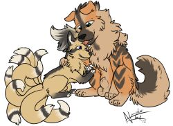 animal_genitalia arcanine balls duo feral furry generation_1_pokemon genitals hug looking_at_another male namelessimp ninetales nintendo pokemon pokemon_(species) sheath sitting size_difference smile tongue tongue_out