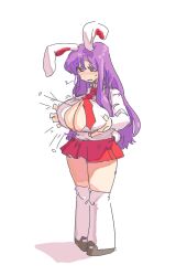 1girls accidental_exposure bangs black_shoes breasts bunny_ears bursting_breasts buttons_popping exposure female floppy_ears full_body fully_clothed holding_breast kneehighs large_breasts leebongchun long_hair mary_janes miniskirt popping_buttons purple_hair rabbit_ears red_hair red_skirt red_tie reisen_udongein_inaba sidelocks skirt solo tie touhou very_long_hair white_background white_kneehighs