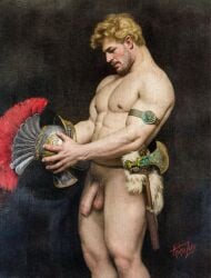 1boy astra_zero big_balls big_penis flaccid foreskin gay greek greek_mythology historical history male male_only muscles muscular muscular_male mythology nipples only_male painting penis soldier solo_male uncut