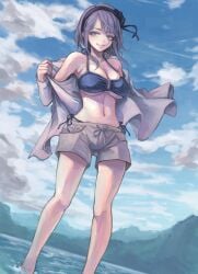 1girls armpits bare_belly bare_chest bare_legs bare_midriff bare_shoulders bare_skin bare_thighs belly belly_button bikini bikini_bottom bikini_top black_hairband blue_bikini blue_bikini_top blue_sky blue_swimsuit blue_swimwear breasts breasts cleavage clouds collarbone dagashi_kashi dot_nose female female_focus female_only fingers full_body groin hairband high_resolution highres hourglass_figure knees koh_(minagi_kou) legs light-skinned_female light_skin lips looking_at_viewer medium_breasts medium_hair naked naked_female navel nude nude_female ocean parted_bangs purple_eyes purple_eyes_female purple_hair purple_hair_female sea shidare_hotaru shirt short_hair shorts shoulders sideboob sky slender_body slender_waist slim_girl slim_waist smile smiling smiling_at_viewer solo standing string_bikini_bottom submerged_feet swimsuit swimwear taking_off_shirt teenager thighs thin_waist underboob v-line water wet_feet white_shirt wide_hips