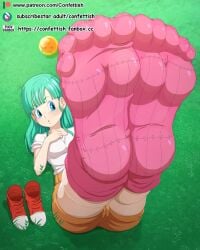 2d blue_eyes bulma_briefs confettish dragon_ball dragon_ball_(classic) feet feet_together feet_up female foot_fetish foot_focus fully_clothed green_hair long_hair medium_breasts medium_hair no_penetration socks soles soles_of_feet_in_socks solo solo_female solo_focus toes