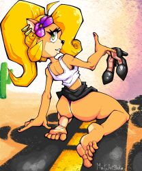 ass barefoot blonde_hair cactus coco_bandicoot corregidormaty crash_(series) crop_top dessert feet female flower_in_hair furry high_heels kneeling looking_back ponytail road skirt_lift thong