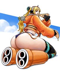 ass big_ass black_gloves blonde_hair dat_ass eating female female_only iury_padilha looking_at_viewer looking_back one_piece one_piece:_egghead_arc orange_clothing purple_panties slim_waist solo thighhighs thong vegapunk_york