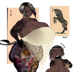 1girls breasts breasts_bigger_than_head chanxswan dark-skinned_female earrings gigantic_breasts humanized tattoo tattoos thick_thighs thighs zebra