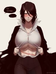 50x48x48 big_breasts black_hair bleach bleach:_the_thousand-year_blood_war blue_eyes blush embarrassed genderswap_(mtf) gilf lifting_shirt milf rule_63 scar sweatdrop yhwach