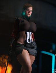 1girls 3d alternate_breast_size blurry_background curvaceous curvy curvy_female cybernetics cyberpunk cyberpunk_2077 ellie_(the_last_of_us) ellie_williams female female_only freckles freckles_on_face glowing_earrings highres holding_baton huge_breasts human large_breasts make_up pink_eyes rude_frog see-through_top solo the_last_of_us the_last_of_us_2 thick_thighs