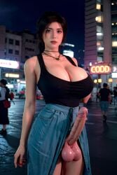 1futa ai_generated big_balls black_hair black_top city city_background crowd esendor futa_only futanari huge_breasts huge_cock jeans_skirt lara_croft lara_croft_(ai_generated) necklace neon_lights night solo street tomb_raider uncensored