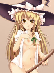 ayakase_riberi blonde_hair bottomless braid broom female flat_chest hat human long_hair marisa_kirisame nipples no_bra no_panties open_clothes open_shirt pussy shirt solo touhou uncensored witch_hat yellow_eyes