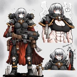 1girls abs adepta_sororitas armor gun huge_breasts imperium_of_man muscular_female octosoup power_armor purity_seal scar sister_of_battle warhammer_(franchise) warhammer_40k