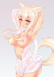 arms_behind_back belly_button blonde_hair blue_eye blush cat_ears cat_tail catgirl coconut_(sayori) dress_shirt erect_nipples eyebrows_visible_through_hair female_only getseki heterochromia looking_at_viewer medium_breasts nekopara simple_background sweat thick_thighs wet_clothes wide_hips yellow_eye