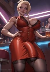 1futa ai_generated big_bulge big_penis breasts bulge bulge_through_clothing cleavage dickgirl final_fantasy final_fantasy_vii futa_only futanari huge_breasts huge_bulge mature_futa penis_in_stocking penis_under_clothes puffyart scarlet_(ffvii) solo solo_futa stockings thick_thighs thighs