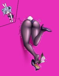 adjusting_clothes ass ass_focus back blue_hair female glory_hole glory_wall hatsune_miku heykerart highres huge_ass leaning_forward leotard looking_at_viewer looking_back mv_character pantyhose playboy_bunny rabbit_hole_(deco*27/caststation) rabbit_hole_(vocaloid) stuck stuck_in_wall through_wall tickling vocaloid wedgie