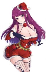 1girls alternate_costume bare_shoulders belt black_gloves blush box breasts christmas cleavage commentary_request commission cowboy_shot detached_sleeves dress female female female_only fire_emblem fire_emblem_engage fishnet_thighhighs fishnets gift gift_box gloves halterneck hat head_tilt highres ivy_(fire_emblem) large_breasts long_hair mole mole_under_mouth nintendo purple_eyes purple_hair red_dress red_headwear santa_costume santa_hat short_dress skeb_commission sleeveless sleeveless_dress solo standing thighhighs thighs very_long_hair yellow_belt yuuri_(orz_commushows)