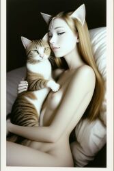 ai_generated bed blonde_hair feline female implied_bestiality