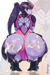 1girls ass big_ass big_butt blizzard_entertainment bodysuit breasts cum cum_drip cum_inside cum_on_ass cum_on_body cum_puddle cum_string dat_ass excessive_cum female hi_res high_heels large_penis looking_at_viewer looking_back overwatch overwatch_2 ponytail probablynoon purple_body purple_hair purple_skin ripped_bodysuit ripped_clothing squatting thick_thighs torn_clothes widowmaker yellow_eyes