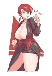 1girls ass beauty_mark breasts brown_dress choker cleavage dress earrings english english_text eyeshadow female fighting_stance king_of_fighters large_breasts leebongchun long_sleeves mole mole_on_breast red_earrings red_eyes red_hair red_vest short_hair sleeves snk solo thick_thighs thighs vest vice_(kof) white_background