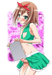 androgynous baka_to_test_to_shoukanjuu blush brown_hair censored cheerleader cheerleader_uniform cleavage_cutout crossdressing femboy femboy_focus feminine feminine_body feminine_male feminine_pose foreskin gambler_club green_eyes hair_ornament hairband hairclip hands-free handsfree_ejaculation heart heart_cleavage_cutout heart_cutout human human_only kinoshita_hideyoshi kousaka_jun light-skinned_femboy light-skinned_male light_skin male male_cheerleader male_focus male_only midriff orgasm_without_stimulation otoko_no_ko otokonoko paper penis penis_under_skirt precum skirt solo solo_focus trap uncut