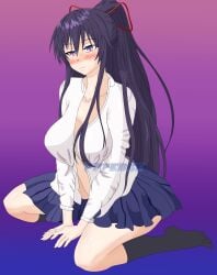 777edge blush breasts clothed date_a_live light-skinned_female open_shirt purple_eyes purple_hair school_uniform thighs yatogami_tohka