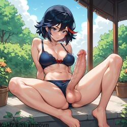 1futa ai_generated barefoot black_bra black_hair black_panties blue_bra blue_eyes blue_panties blush bow bow_panties bra breasts cleavage closed_mouth collarbone day erection feet futa_only futanari hair_between_eyes hanirovn kill_la_kill large_breasts large_penis looking_at_viewer matoi_ryuuko multicolored_hair navel outdoors panties penis plant red_hair short_hair sitting sky solo solo_futa spread_legs streaked_hair testicles toes two-tone_hair uncensored underwear underwear_only veins veiny_penis watermark